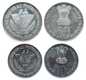 1974 Uncirculated Set, Planned Families Food For All, set of 2, Silver Rupees 50 and Cupro