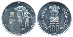 Silver Rupees 100, 1981, World Food Day, Bombay Mint (KM 276). Uncirculated, without plast