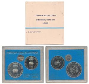 1985 Uncirculated Set, International Youth Year, set of 2, Rupee 10 and 100. In immaculate