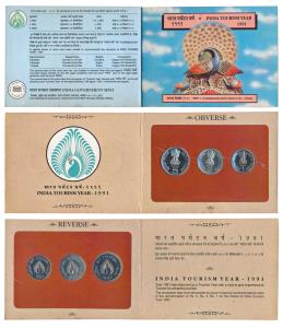 1991 Uncirculated Set, India Tourism Year, set of 3, Rupee 1, 2 & 5. In immaculate conditi