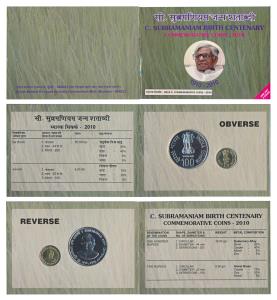 2010 Uncirculated Set, C. Subramaniam Birth Centenary, set of 2, Rupees 5 and 100. In imma
