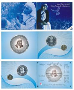 2010 Uncirculated Set, Mother Teresa Birth Centenary, set of 2, Rupees 5 and 100. In immac