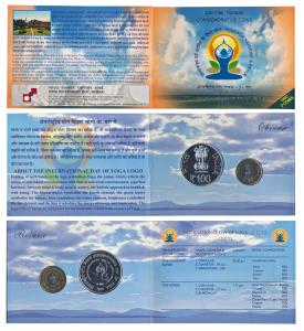 2015 Uncirculated Set, Yoga for harmony and peace, set of 2, Rupees 10 and 100. In immacul