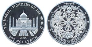 Bhutan, Cupro Nickel 500 Ngultrum, 2 ounces, 62g, 2005, rev. the Taj Mahal, Wonder of the 
