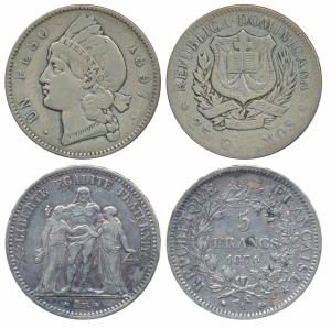 Dominican Republic, Silver Peso, 25g, 1897 (KM 16); France, Third Republic, Silver 5 Franc