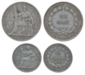 French Indo-China, Silver 20 & 10 Cents, 1893 & 1929, (KM 17.1 & 16.1). Very Fine and Very