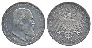 German States, Wurtemburg, Silver 3 Mark, 17g, 1909, P mint mark. About Extremely Fine.
