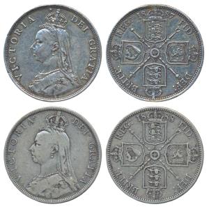 Great Britain, Victoria Queen, Silver Florin / 2 Shillings, 1887 and 1888 (KM 762). One wi