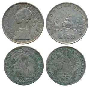 Italy, Silver 500 Lire, 10.96g, 1960 (KM 98); Hungary, 20 Kreuzers, 6.52g, 1769 (KM 381). 