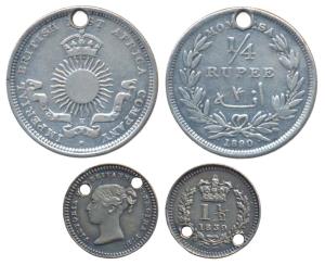 Mombasa, Silver ¼ Rupee, H mintmark, 1890, obv. crowned sun above a ribbon, Imperial Briti