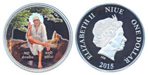 Niue, Elizabeth II, Silver 1 Dollar, 31.1g, 2015 Shri Sai Baba. Proof, within original box