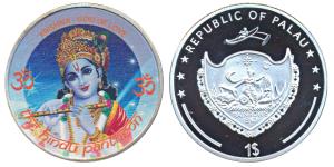 Palau, Silver plated on Cupro Nickel One Dollar, obv. coloured Lord Krishna "The Hindu pan