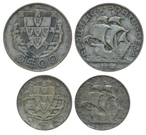 Portugal, Silver 5 and 2.5 Escudos, 7g & 3.5g, 1947 (KM 580 & 581). Very Fine and Very Fin