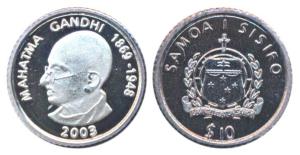 Samoa, OMS issue, Silver 10 Dollars, 1.1g, 2003, Mahatma Gandhi, struck from the same dies