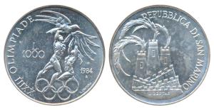 San Marino, Silver 1000 Lire, 14.6g, 1984, Los Angeles Olympics, obv. athletes reaching ou