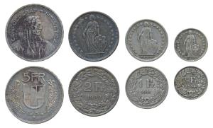 Switzerland, Silver 5 Francs 1954B, 2 Francs 1922, Franc 1911 and ½ Franc 1934, total weig