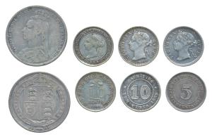 Great Britain, Victoria, Silver Shilling 1891; Ceylon, Silver 10 Cent 1893; Straits Settle