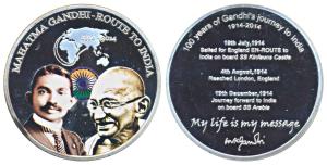 Mahatma Gandhi Medal, Nickel, 1914-2014, obv. Mahatma Gandhi’s route to India, rev. 100 ye