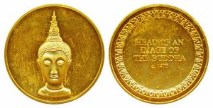 Buddha Medal, Gold gilt on bronze, obv. head of Lord Buddha. Heavy, Uncirculated.