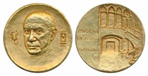 Pablo Picasso (1881-1973), Gilt Bronze Medallion, obv. Picasso with a scorpion and an hour