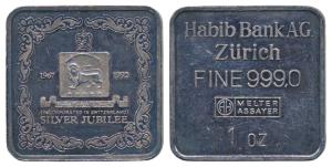 Habib Bank, Silver Jubilee 1967-1992, Silver Bar, 31.11g, 1 oz. Extremely Fine, Rare.