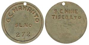 Bronze Token, Tata Iron And Steel Company (TISCO), Sukinda Coal Mine; coolie token G.C.Mah