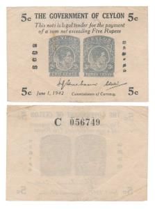 Ceylon, 5 cents 1942 Emergency (Postal Card) Issue; dual George VI portrait with dual deno