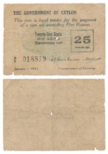 Ceylon, 25 cents 1942 Emergency Issue (Pick 40). About Fine, Scarce.
