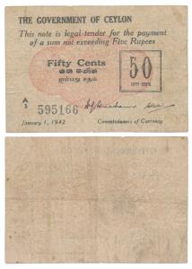 Ceylon, 50 cents 1942 Emergency Issue (Pick 41). Fine+, Extremely Scarce.