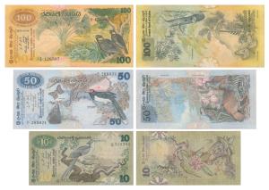 Ceylon, 10, 50 & 100 Rupees, 1979 from the elusive Flora & Fauna series (Pick 85, 87, 88).