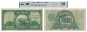 Turkey, 1 Livre ND (1926) (Pick 119a). Graded by PMG 25 Very Fine, Scarce.