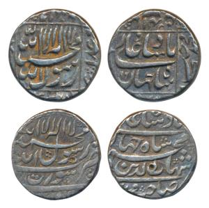 Shah Jahan, Silver Rupee (2), Surat Mint, AH 104x, legend in four lines on both sides (KM 