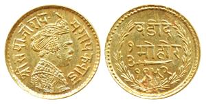 Sayaji Rao III, Gold 1/3 Mohur, VS 1952 (1895 AD), obv. portrait of the Maharaja, name of 