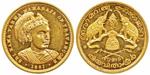Rama Varma V (ME 1057-1062; 1880-1885 AD), Gold Sovereign, 7.95g, ME 1881, obv. bust of th