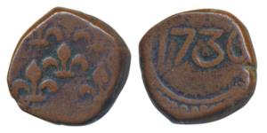 Pondicherry, Mahe issue, Louis XV (1715-1774 AD), Copper ½ Biche, 3.10g, obv. 5 fleur de l