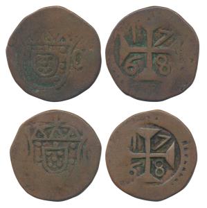 Diu, Jose (Joseph) (1750-1777 AD), Copper Atia (2), 8.96g & 8.78g, obv. crowned arms divid