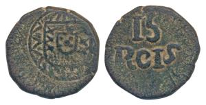 Goa, Joao (1816-1826 AD), Copper 15 Reis, 9.3g, obv. crowned arms, rev. value within spray