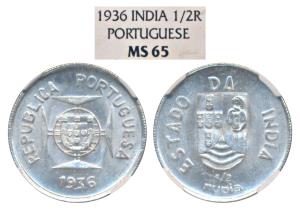 Silver ½ Rupia, 1936 (KM 22). Graded by NGC MS65.