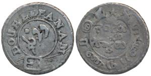 Silver Double or 2 Fanams, 1.82g, 2nd issue, 1808, oblique milling, buckled garter on obv.