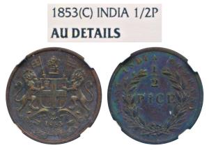 Copper ½ Pice, 1853, Calcutta Mint, (Prid 159). Graded by NGC AU Details Cleaned.