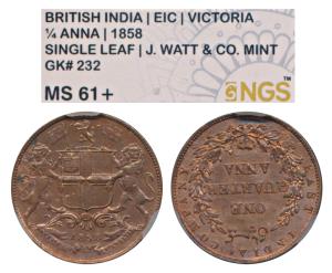 Copper ¼ Anna, 1858, Birmingham Mint, Wreath tips-single leaves, J. Watt and Co. (Prid 156