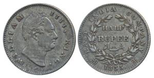 William IV, Silver ½ Rupee, 1835, Calcutta Mint, RS incuse, 21 Berries, (Prid 66). Very Fi