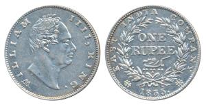 William IV, Silver Rupee, 1835, Calcutta Mint, F incuse, C / II, Bud leaves, 19 Berries (P