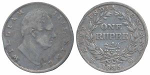 William IV, Silver Rupee, 1835, Calcutta Mint, RS incuse, B / II, Two leaves, 19 Berries, 