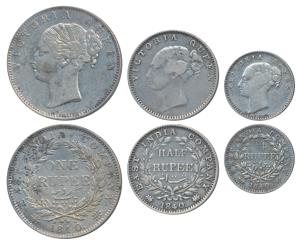 Victoria Queen, set of 3, Silver Rupee, ½ and ¼, 1840, continuous legend. Very Fine to Abo