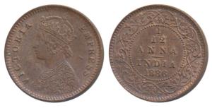 Victoria Empress, Copper 1/12 Anna, 1886, Calcutta Mint, (Prid 791). About Uncirculated, S