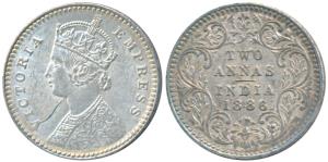 Victoria Empress, Silver 2 Annas, 1886, Calcutta Mint, B / II / C incuse, the ’C’ mint mar