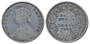 Victoria Empress, Silver ½ Rupee, 1883, Calcutta Mint, A / I / C incuse (Prid 267). Very F