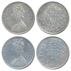 Victoria Queen, Silver Rupee (2), 1874, Bombay Mint, A2 / II / No mint mark, re-engraved, 