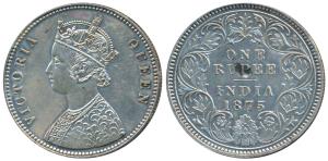 Victoria Queen, Proof Silver Rupee, 1875, Calcutta Mint. Proof Restrike, Altered surface, 